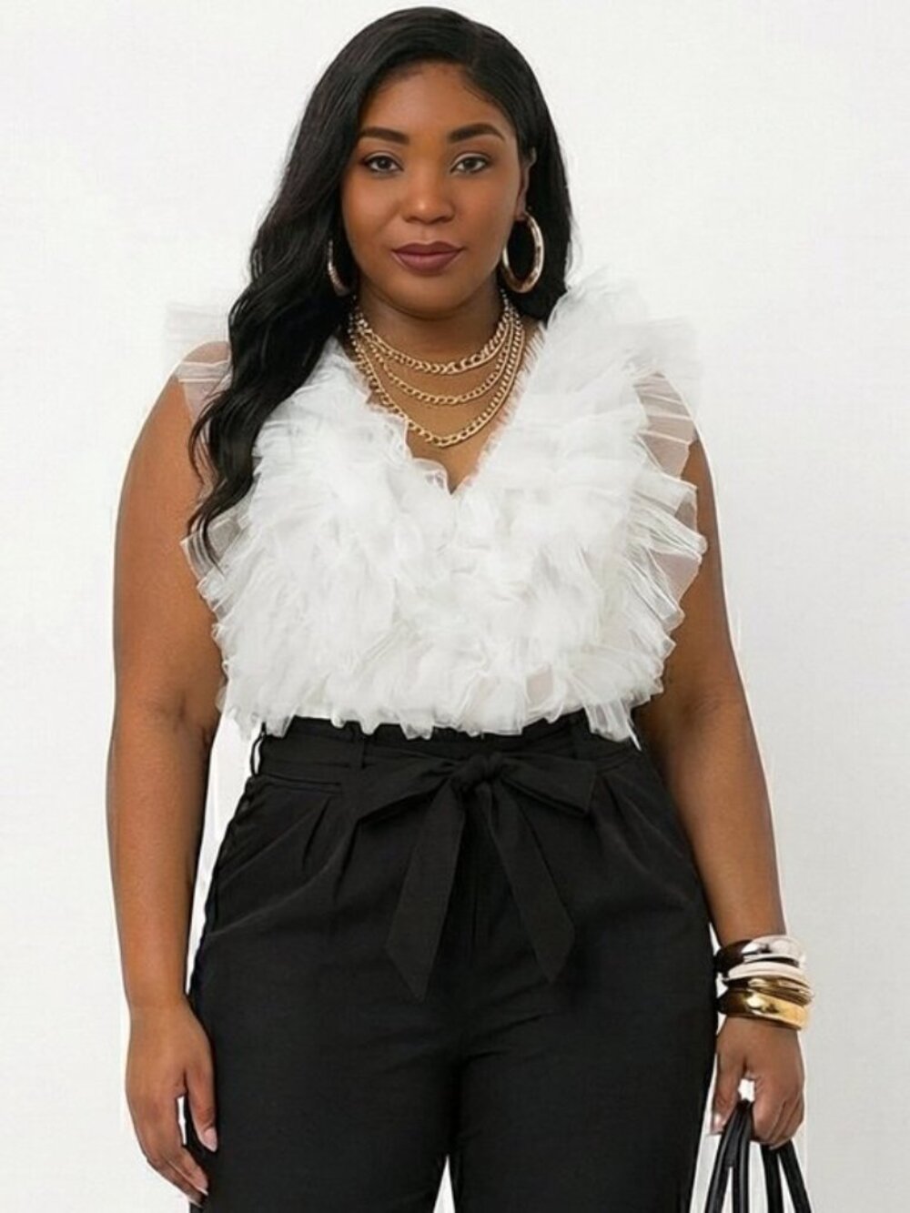 White Statement Ruffle Bodysuit – Sculpted Soft Drama Fit